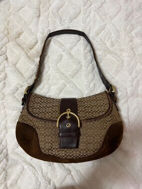 Coach Brown Signature Canvas Shoulder Bag with Dark Brown Leather Trim